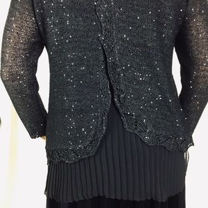 Black metallic thread sequin sheer sweater split back pleated chiffon high low
